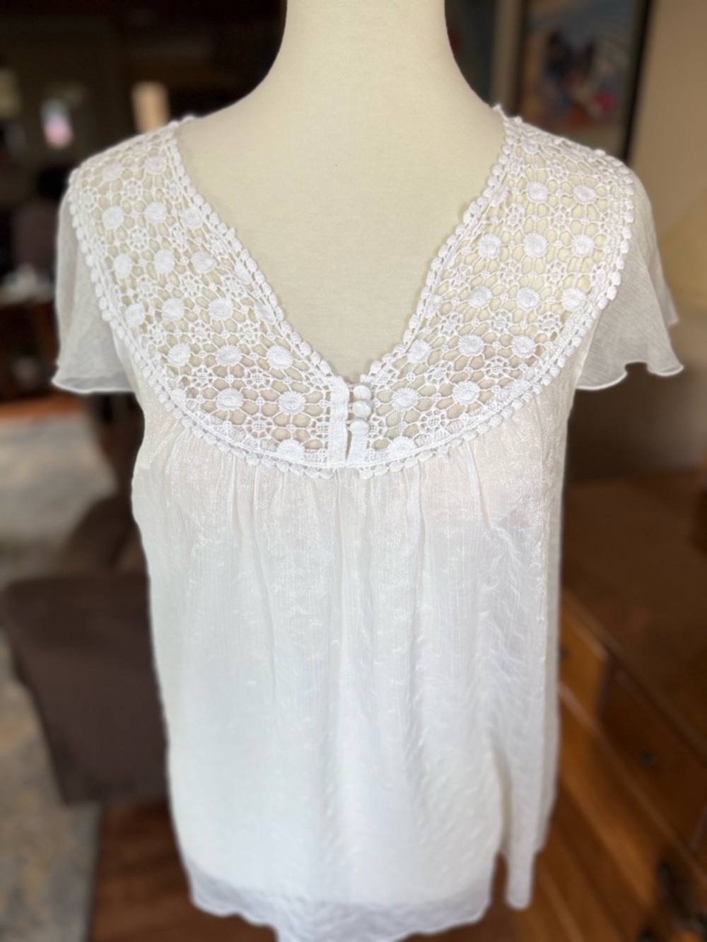 Dress Barn White Crochet Yoke Peasant Top - Picture 3 of 4